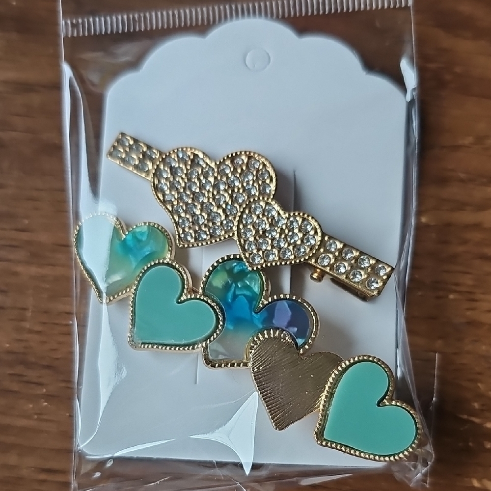 New Gold and Green Heart Hair Clip Set Alligator Clips Rhinestone Wedding